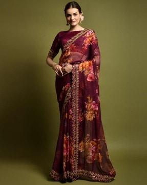 women floral print & lace bordered saree with unstitched blouse piece