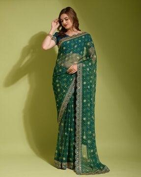 women floral print & lace bordered saree with unstitched blouse piece