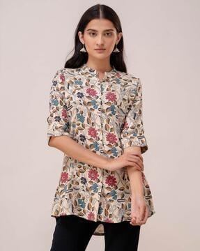 women floral print  straighttunic with mandarin collar