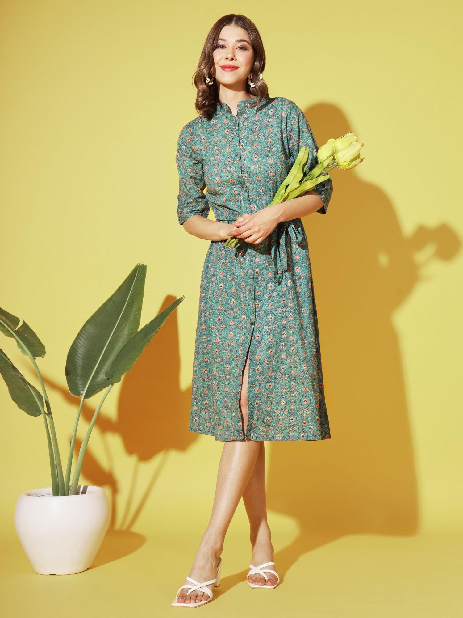 women floral print a-line cotton aqua midi-dress