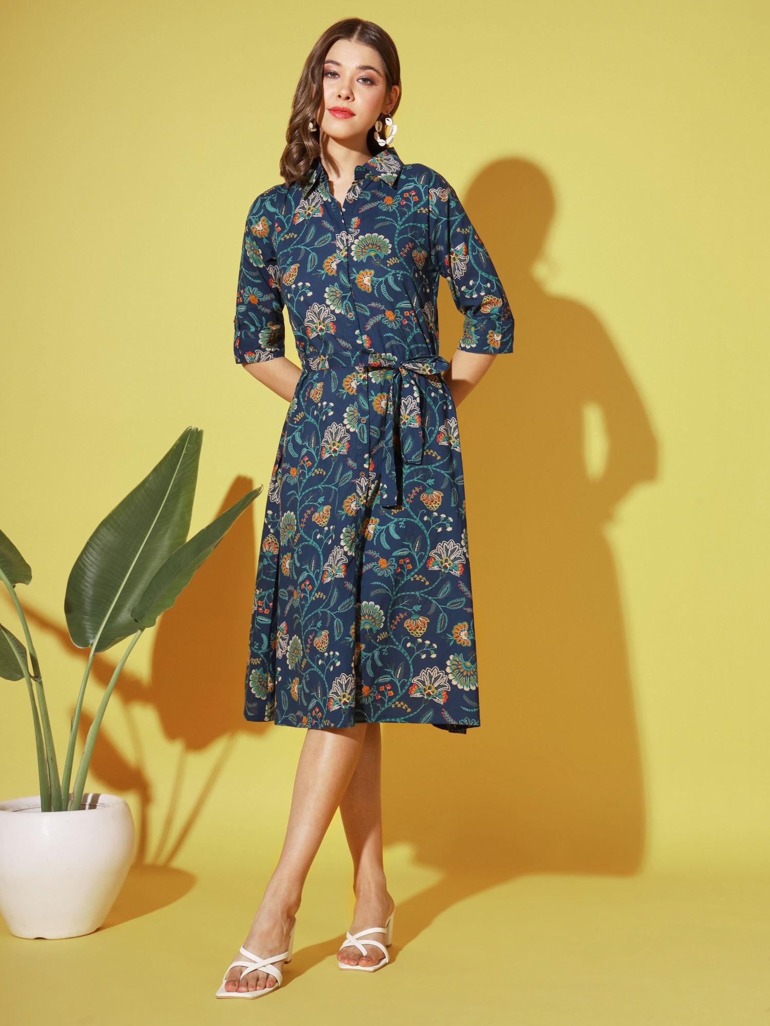 women floral print a-line cotton blue midi-dress