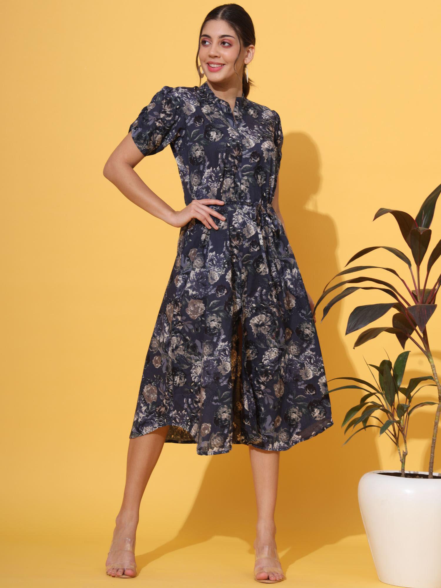 women floral print a-line cotton blue stitched midi dress (set of 2)