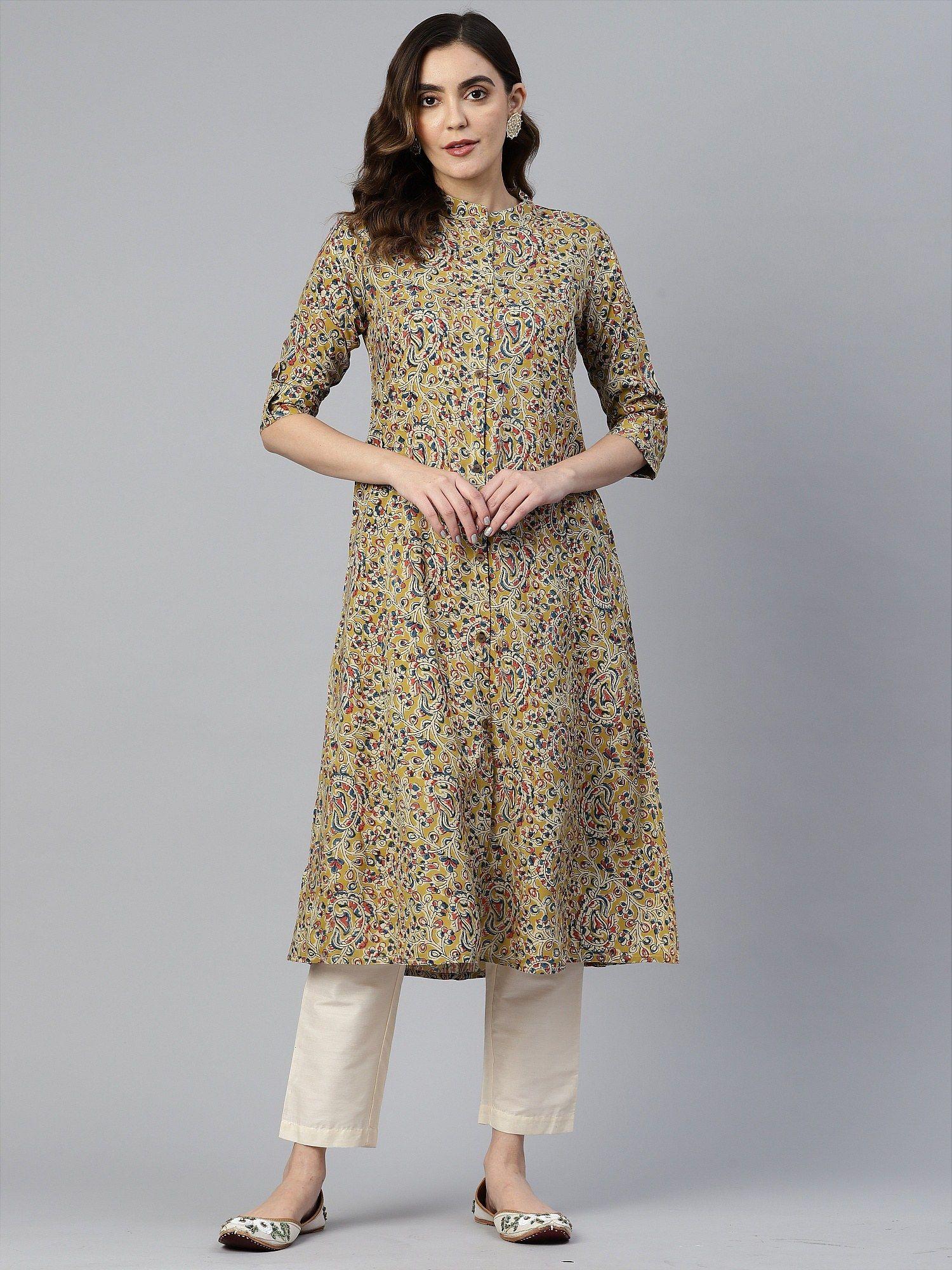 women floral print a-line cotton yellow stitched kurta