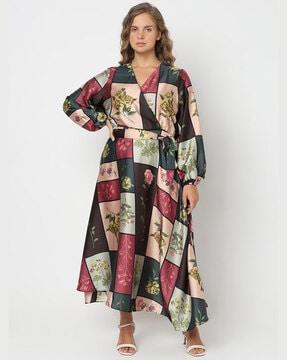 women floral print a-line dress with belt