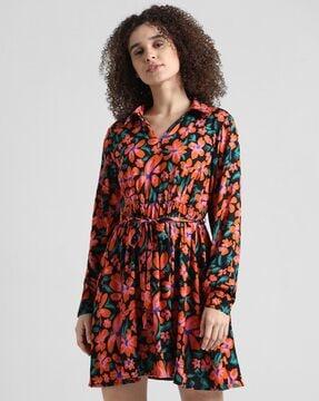 women floral print a-line dress with belt