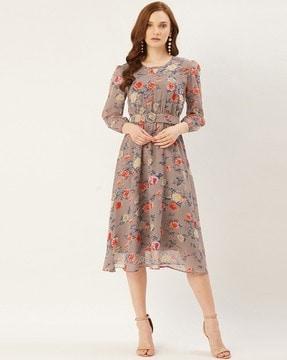 women floral print a-line dress with belt