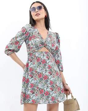 women floral print a-line dress with cut-out