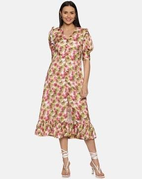 women floral print a-line dress with front-slit