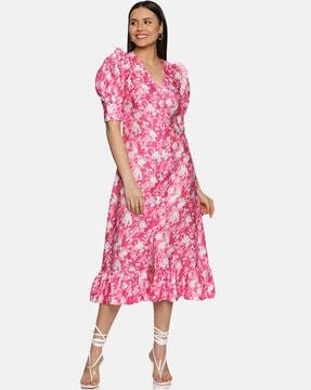 women floral print a-line dress with front-slit