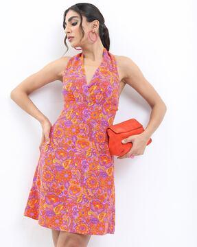 women floral print a-line dress with neck tie-up