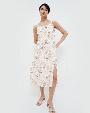 women floral print a-line dress with round neck