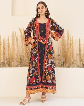 women floral print a-line dress with shrug