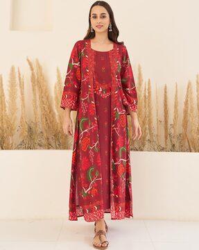 women floral print a-line dress with shrug