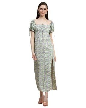 women floral print a-line dress with side slit
