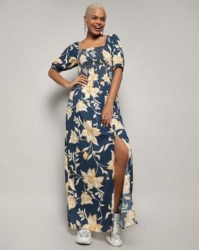 women floral print a-line dress with slit