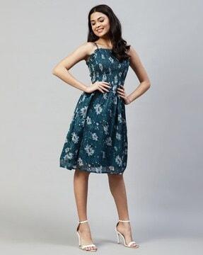 women floral print a-line dress with smocked detail