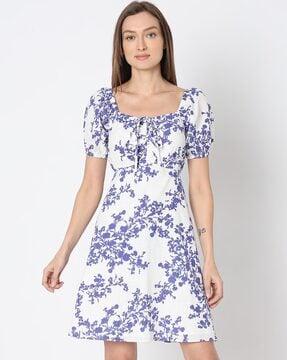 women floral print a-line dress with square neck