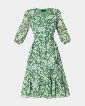 women floral print a-line dress with tie-up belt