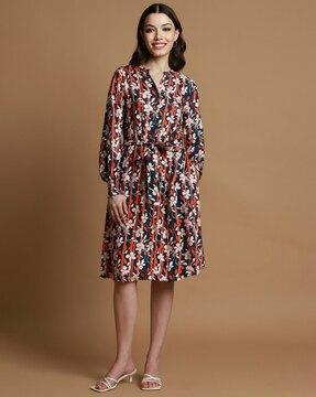 women floral print a-line dress with tie-up belt