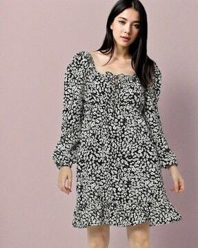 women floral print a-line dress with tie-up neck