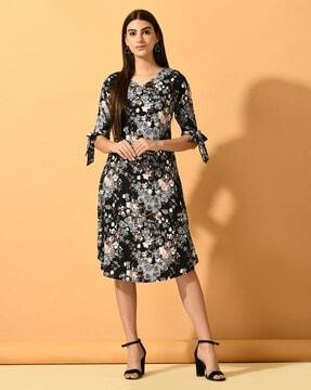 women floral print a-line dress with v-neck