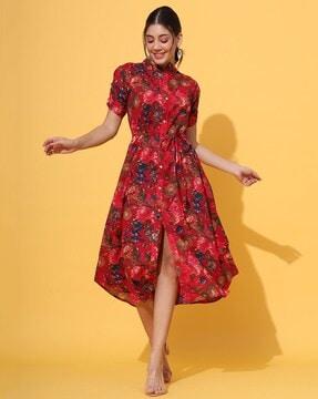 women floral print a-line dress with waist tie-up