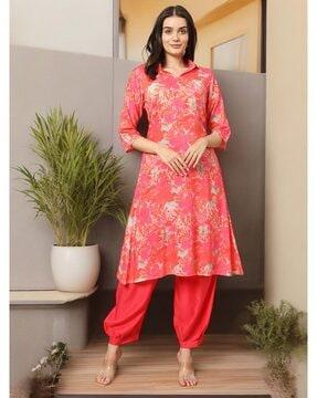 women floral print a-line kurta & dhoti pants set