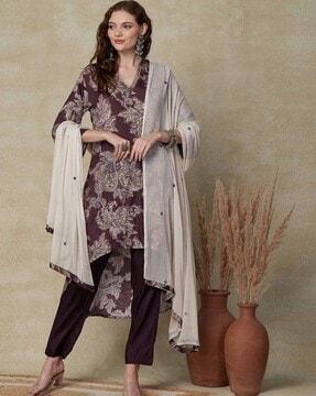 women floral print a-line kurta set with dupatta