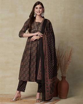 women floral print a-line kurta set with dupatta