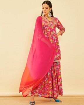 women floral print a-line kurta set with dupatta