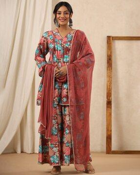 women floral print a-line kurta with palazzos & dupatta