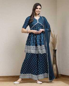 women floral print a-line kurta with palazzos & dupatta