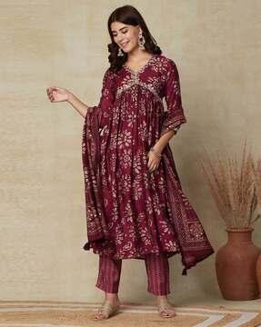 women floral print a-line kurta with pants & dupatta