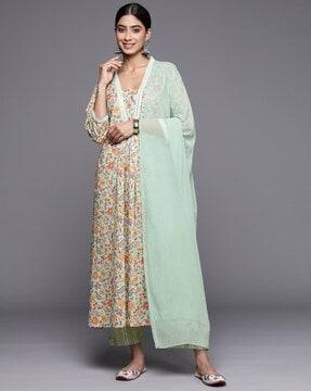 women floral print a-line kurta with pants & dupatta