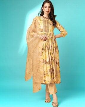 women floral print a-line kurta with pants & dupatta