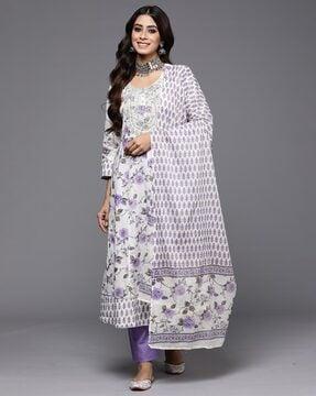 women floral print a-line kurta with pants & dupatta