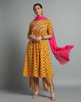 women floral print a-line kurta with pants & dupatta