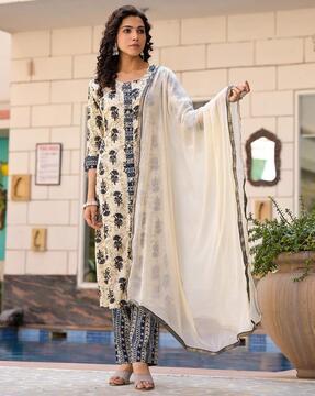 women floral print a-line kurta with pants & dupatta