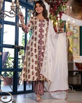 women floral print a-line kurta with pants & dupatta