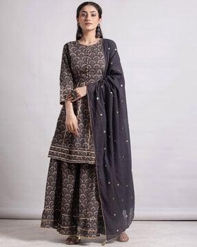 women floral print a-line kurta with sharara & dupatta