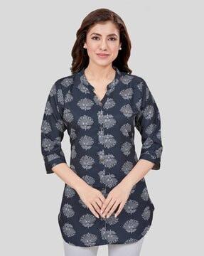 women floral print a-line kurti with mandarin collar