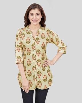 women floral print a-line kurti with mandarin collar