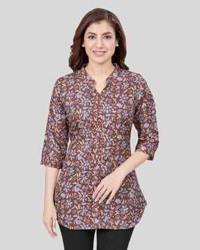 women floral print a-line kurti with mandarin collar