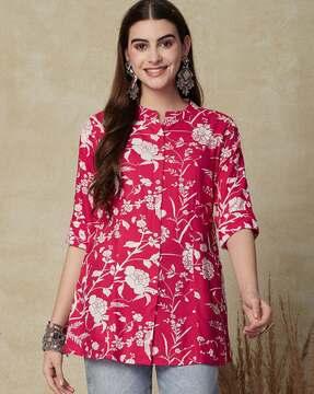 women floral print a-line kurti with mandarin collar