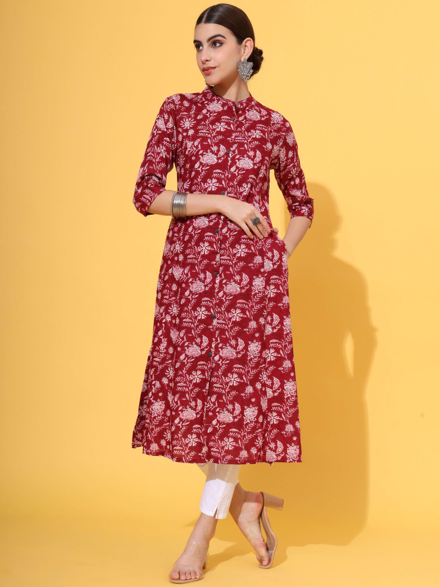 women floral print a-line rayon maroon stitched kurta