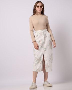 women floral print a-line skirt with front-slit