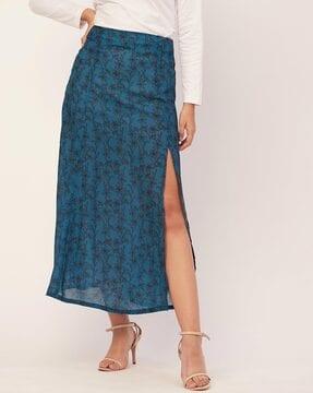 women floral print a-line skirt with side slit