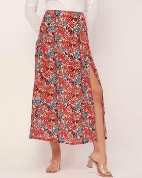 women floral print a-line skirt with side slit