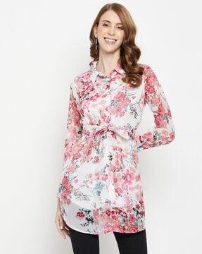 women floral print a-line tunic with tie-up belt