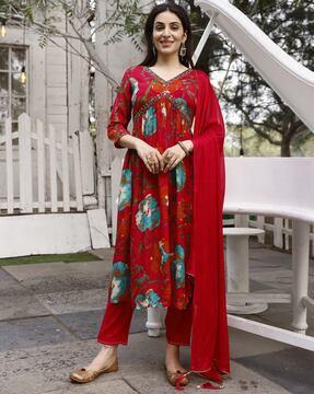 women floral print alia cut kurta set with dupatta